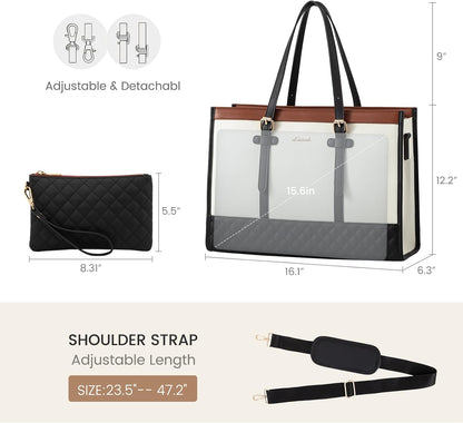 Bag for Women - 15.6 inch Canvas Laptop Tote with Clutch Purse, Office Business Briefcase, Casual Handbag for Travel, College, Teacher, School