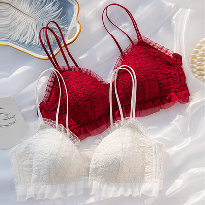 For Women Blue Red Lace Mesh Bra Sets Straps Bralette Cotton Panties Wireless Underwear Lingerie Cup A B