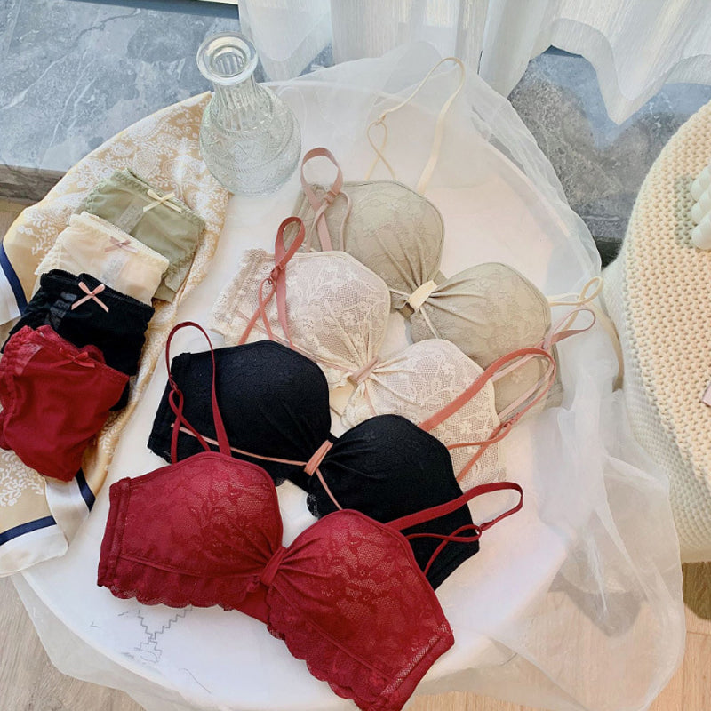 For Women Red Skin Sexy Lingerie Bralette Bow Lace Cotton Panties Wireless Bra Sets Underwear A B Female Bras