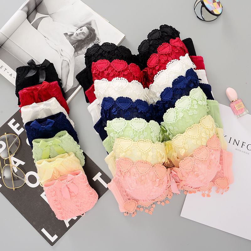 Students Girls Sweet Candy Color Underwear Set Women Korean Graceful Lace Heart Padded Push Up Bras Underpants Suit Lingerie Set
