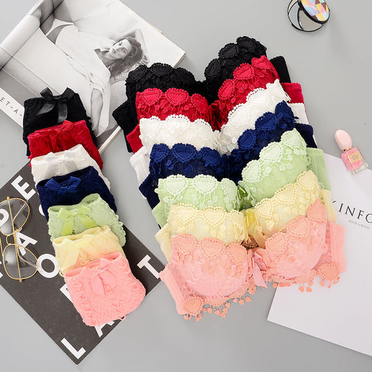Students Girls Sweet Candy Color Underwear Set Women Korean Graceful Lace Heart Padded Push Up Bras Underpants Suit Lingerie Set