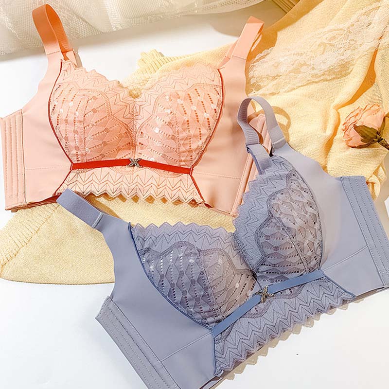 Women Fashion Pink skin Padded Lace Bow Trim Bras Mesh Cotton Panties Push Up Bra Set Sexy Lingerie Set Underwear