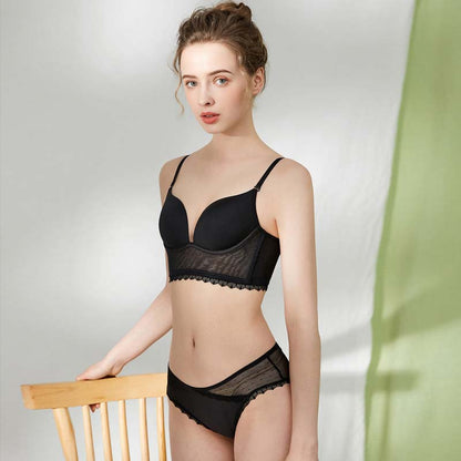 Women Black Lace Padded Bra Wireless Cotton Panties Mesh Underwear Sexy Lingerie Backless U Line Push Up Bra Set