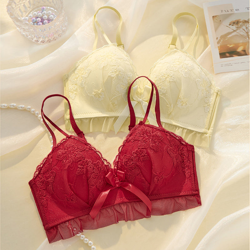 Women Red Sexy Lingerie Sets Wireless Lace Padded Cotton Panties Padded Bras Push Up Bra Sets Underwear A B