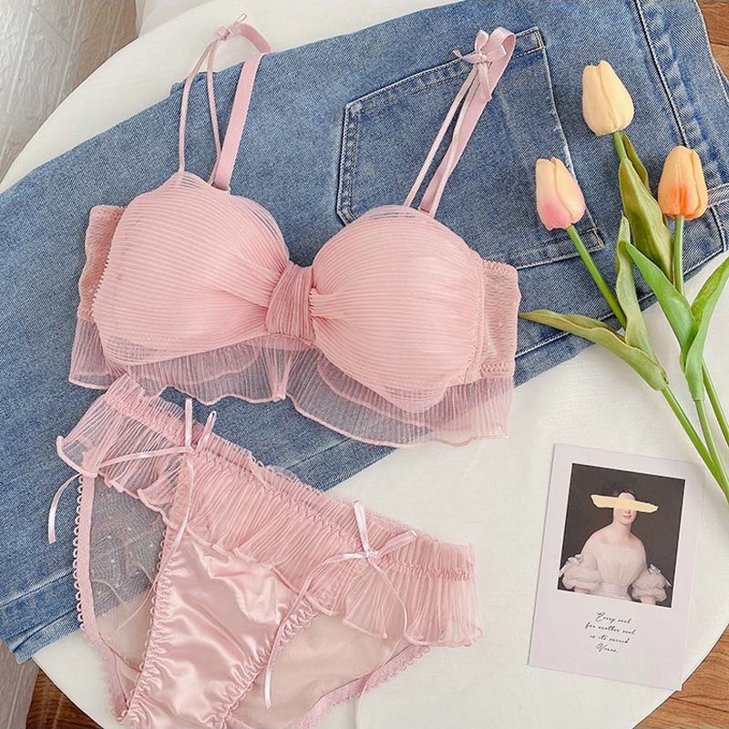for Women Pink Padded Bra Sets Wireless Lace Trim Cotton Panties Underwear Underwear Japanese A B Sexy Lingerie Set