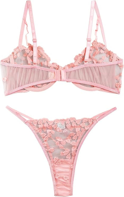 Underwire Cute Push Up Strappy Embroidered Mesh Sheer Lingerie Set See Through Panty Bra