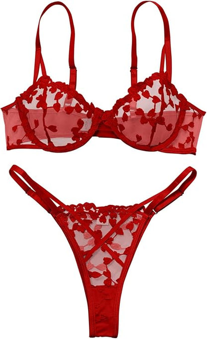 Underwire Cute Push Up Strappy Embroidered Mesh Sheer Lingerie Set See Through Panty Bra (Bow Red)