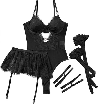 Stocking Rhinestones Heart Garter Underwire Floral Mesh lace Sheer Babydoll Lingerie Teddy Bodysuit Skirt Set (Black)