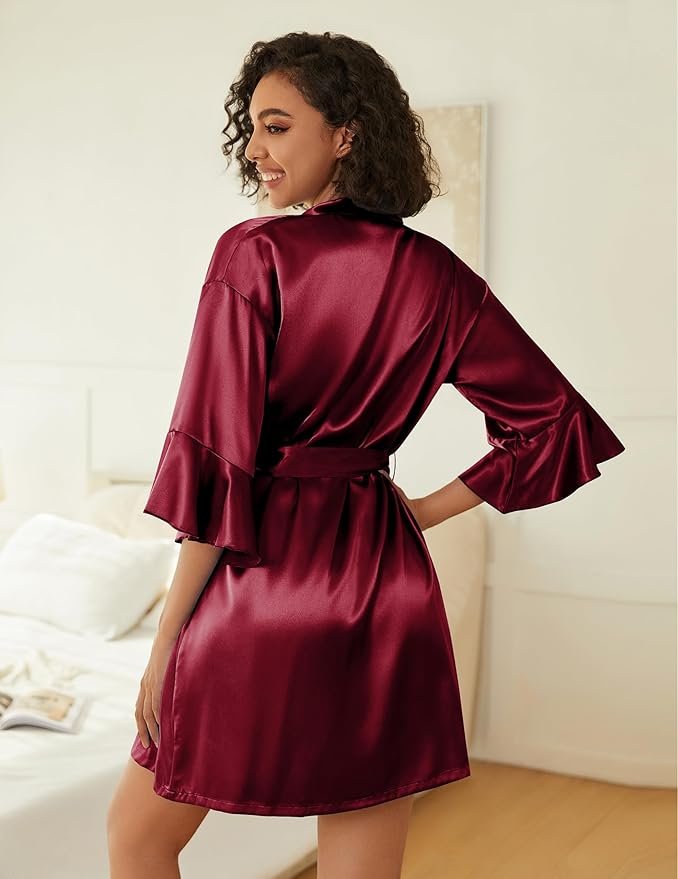 Women's Silk Robe Set V-neck 2 Piece Bridal Party Robes and Satin Bathrobe Set with Pockets