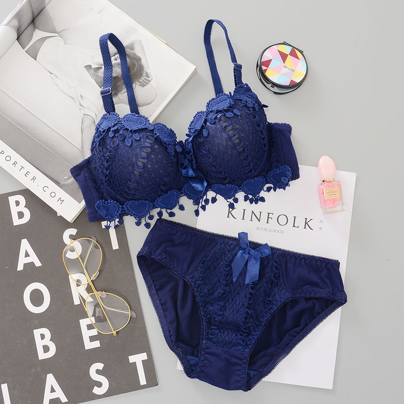 Students Girls Sweet Candy Color Underwear Set Women Korean Graceful Lace Heart Padded Push Up Bras Underpants Suit Lingerie Set