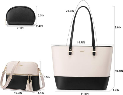 Handbags for Women Shoulder Bags Tote Satchel Hobo 3pcs Purse Set Black-Beige