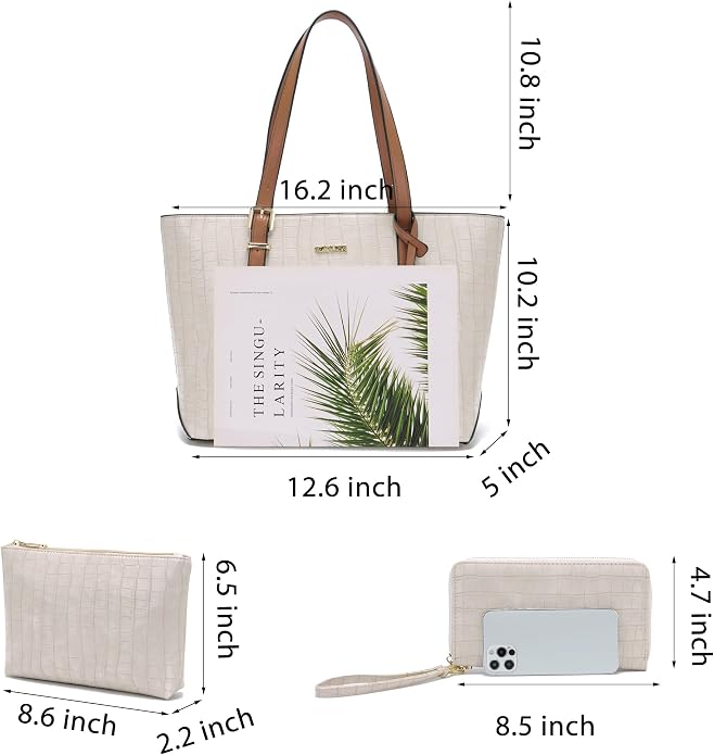 Purses with RFID Wallet for Women Tote Handbag Set  3PCS, Fits 13 Tablet, Sturdy Vegan PU, Spacious, Work Use, Shoulder Satchel, Large Clutch Wallet, Makeup Bag, Ideal Gift