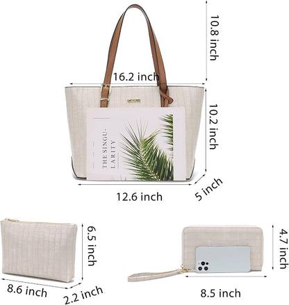 Purses with RFID Wallet for Women Tote Handbag Set  3PCS, Fits 13 Tablet, Sturdy Vegan PU, Spacious, Work Use, Shoulder Satchel, Large Clutch Wallet, Makeup Bag, Ideal Gift