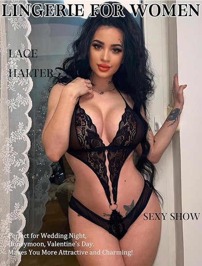 Women Deep V Lingerie Lace Teddy One Piece Babydoll Mini Bodysuit