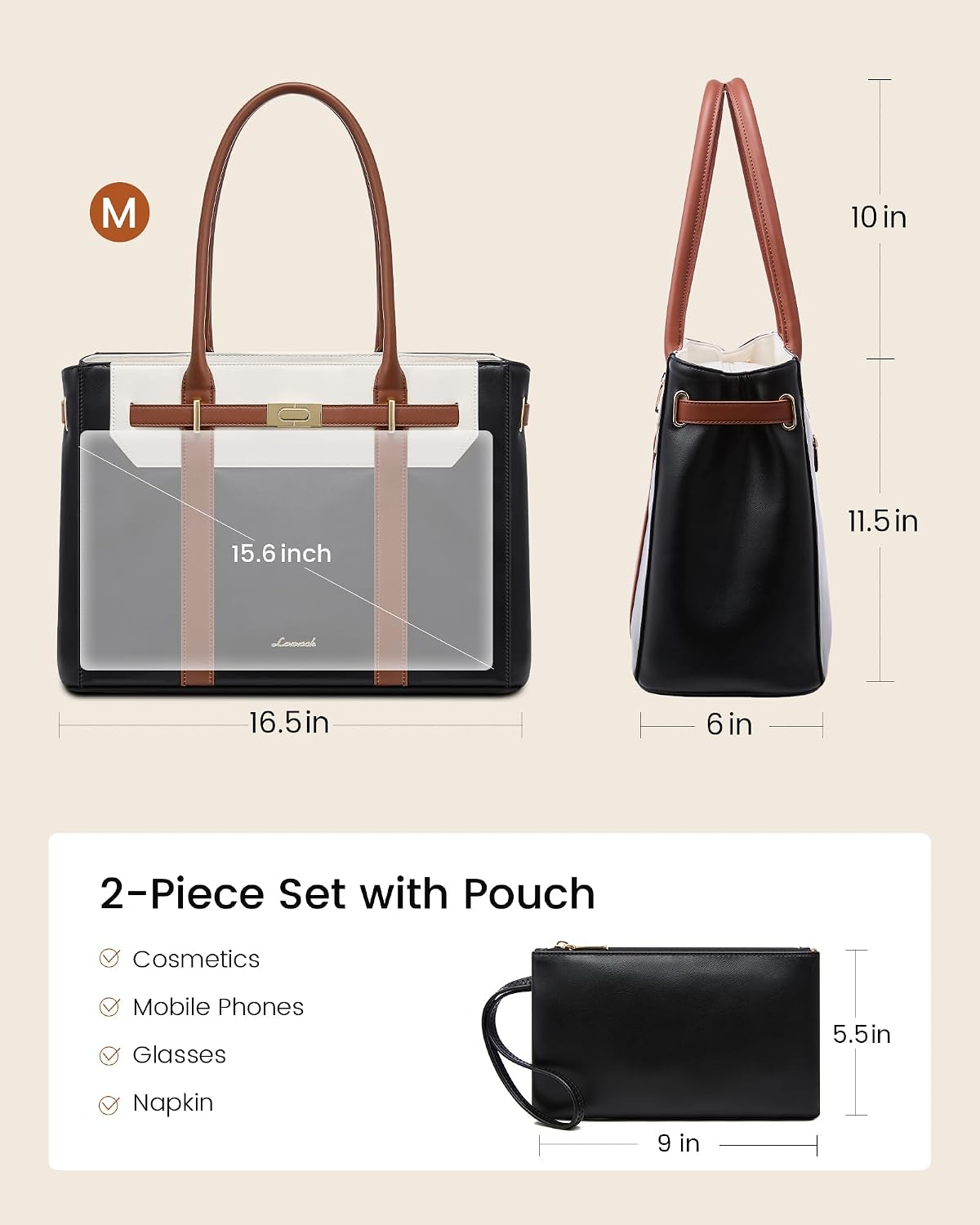 Tote Bag for Women, 2-in-1 Work Teacher Bags with Large Cup Holder, 15.6 Inch Waterproof Leather Computer Handbag Purse for Office, Business