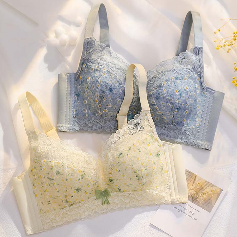 For Women Pink Blue Lingerie Lace Padded Bralette Bow Soft Trim Panties Invisible Wireless Bra Sets Underwear