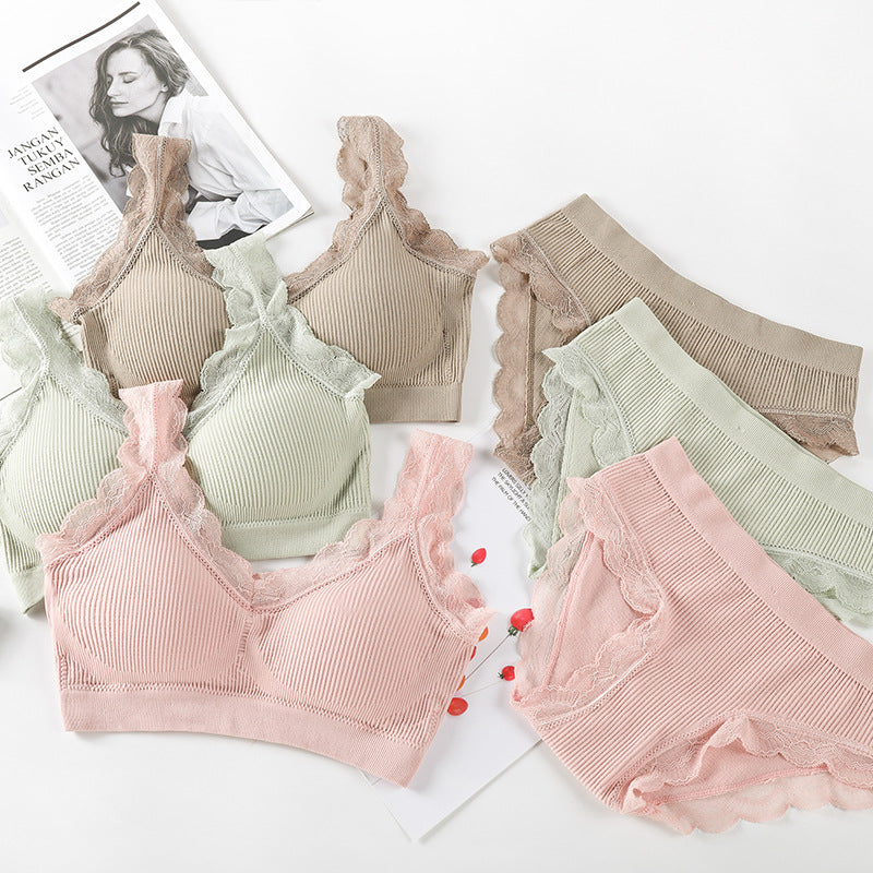 Sexy Lace Lingerie Set Padded Bra Set Without Steel Ring Solid Women's Underwear Brassiere Comfortable Fitness Crop Top