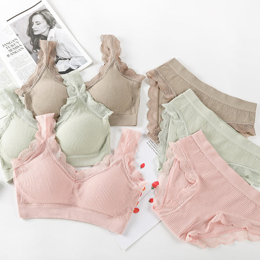 Sexy Lace Lingerie Set Padded Bra Set Without Steel Ring Solid Women's Underwear Brassiere Comfortable Fitness Crop Top