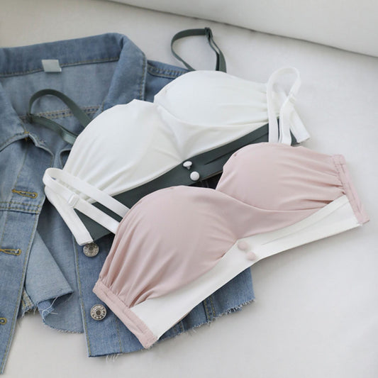 Fashion Women Pink White Sexy Lingerie Invisible Cotton Panties Padded Wireless Bra Sets Lingerie A B Half Cup
