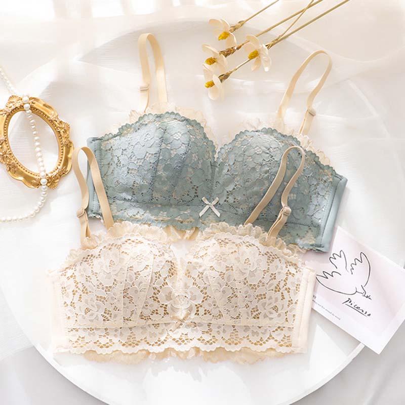 Women Pink Sexy Lingerie Sets Wireless Lace Cotton Panties Padded Bras Push Up Bra Sets Underwear A B