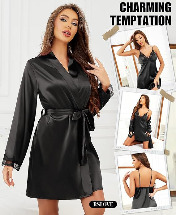 Women’s Satin Sleepwear Set – 2 Piece Lace Cami Nightgown and Long Sleeve Robe  Silk Pajamas Lingerie for Women