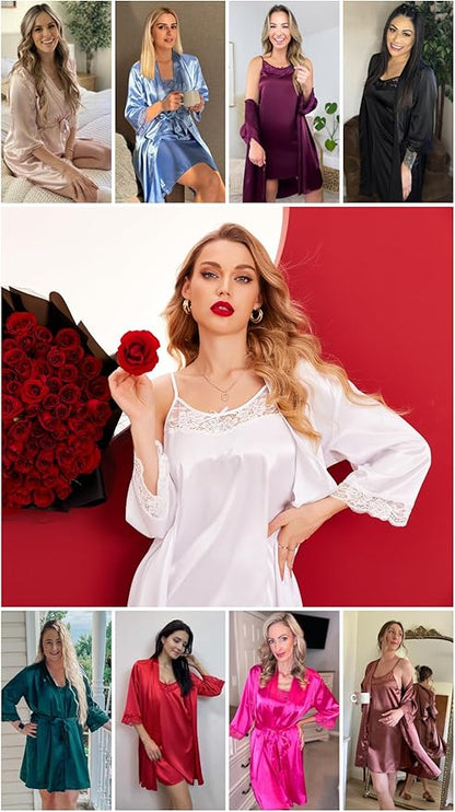 leepwear Women's Satin Nightgown with Robes Set 2 Piece  Lace Cami Nightwear