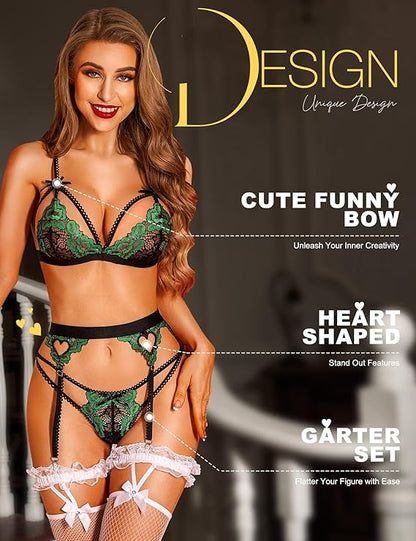 Women Lingerie Sets with Belt 3 Piece Lace Teddy Babydoll Bodysuit