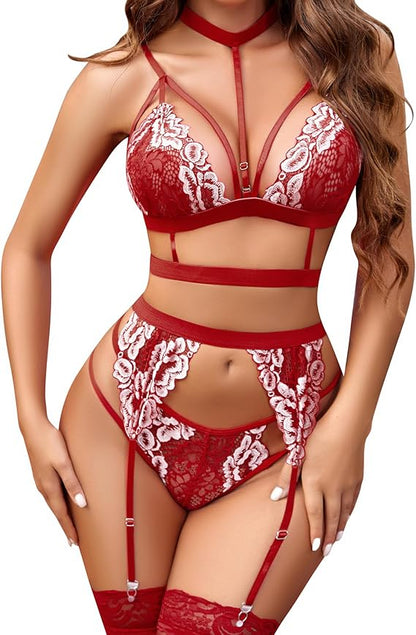 Lace Garter Lingerie Set with Removable Choker Teddy Babydoll Strappy Bra and Panty Set (No Stockings)