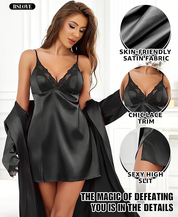 Women’s Satin Sleepwear Set – 2 Piece Lace Cami Nightgown and Long Sleeve Robe  Silk Pajamas Lingerie for Women