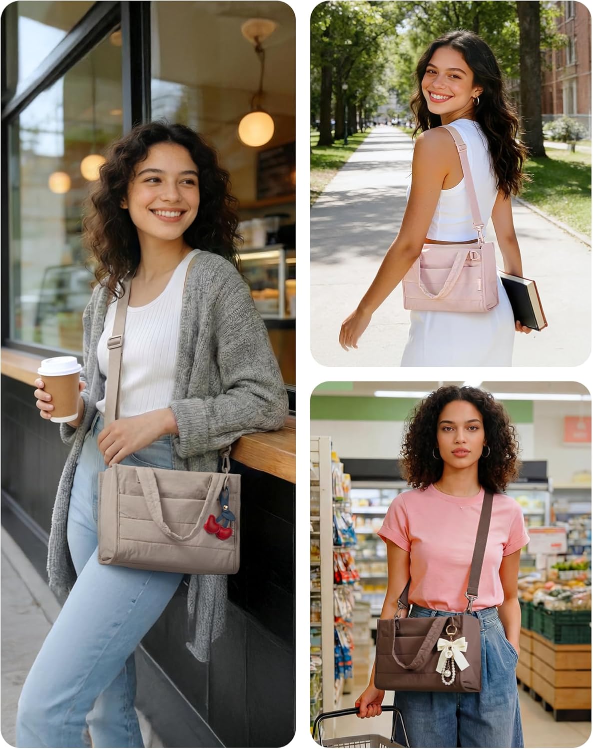 Mini Tote Bag for Women, Puffer Quilted Crossbody Purses, Zipper Closure for Work Travel College, Coffee  6L Mini tote