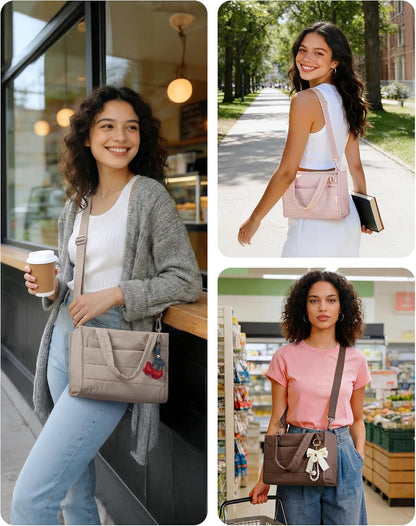 Mini Tote Bag for Women, Puffer Quilted Crossbody Purses, Zipper Closure for Work Travel College, Coffee  6L Mini tote