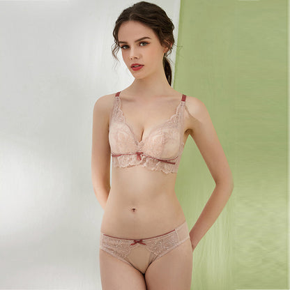 Fashion Women Pink Skin Sexy Lingerie Lace Bralette Invisible Cotton Panties Padded Wireless Bra Sets Lingerie A B