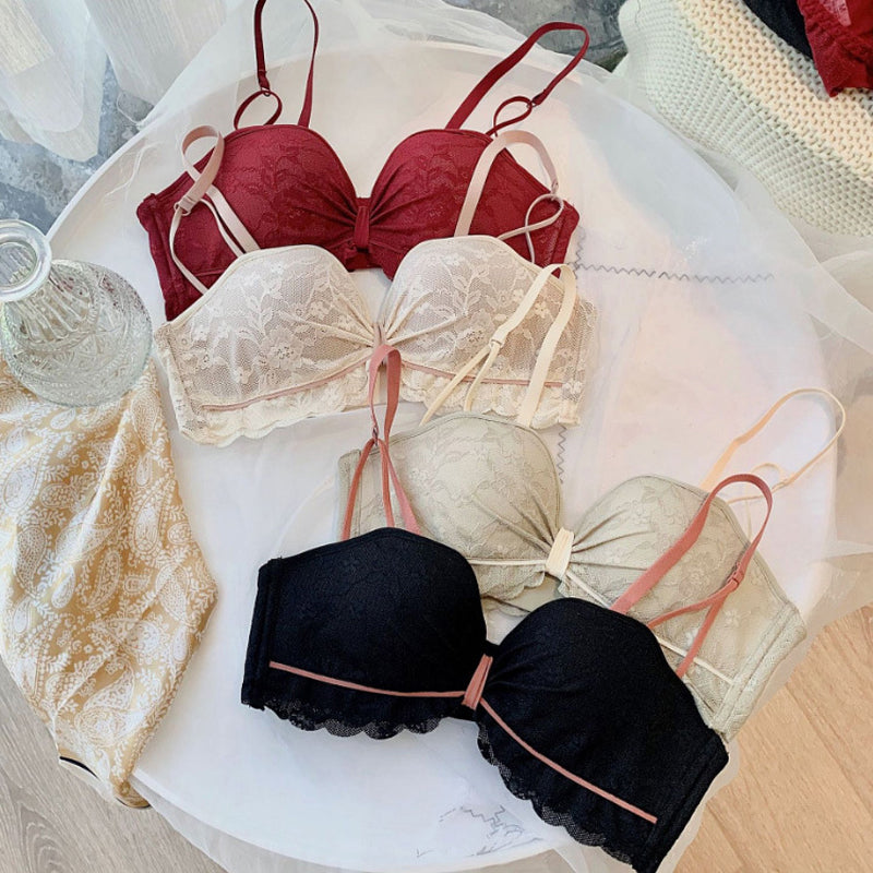 For Women Red Skin Sexy Lingerie Bralette Bow Lace Cotton Panties Wireless Bra Sets Underwear A B Female Bras
