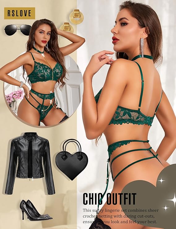 Women's Lingerie Sets with Belt 3 Piece  Lace High Waist Bra and Panty Set Push Up Exotic Sleepwear (Green)