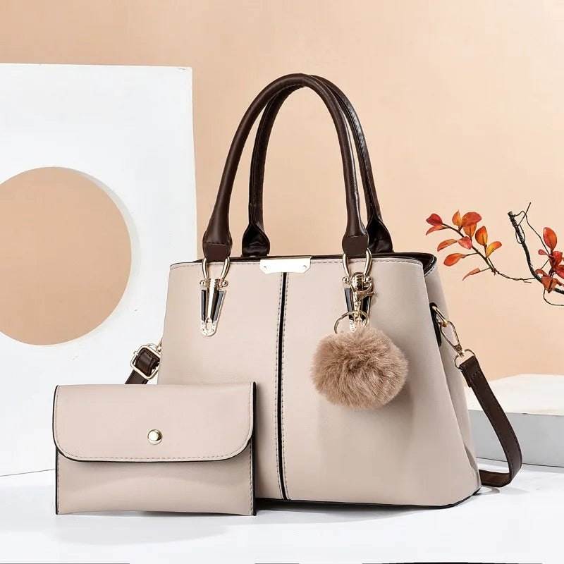 2024 New Fashion 2-piece set Women's Bag Solid Color Leather Luxury Handbag Plush pendant Ladies Shopping Messenger Shoulder Bag