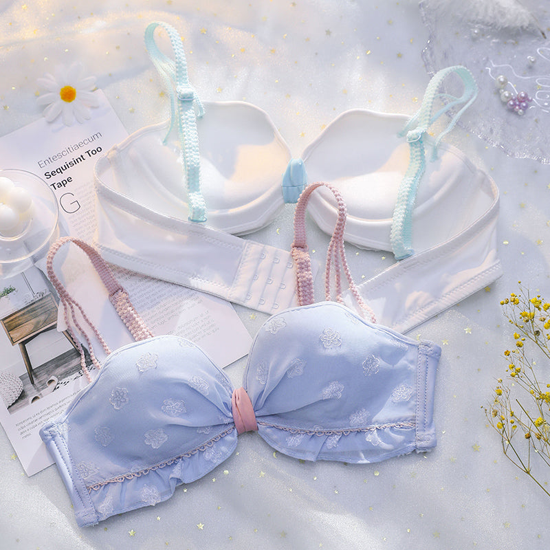 New Blue For Women Lace Bra Sets Half Cup Straps Bow Cotton Panties Push Up Underwear Sexy Lingerie Sets
