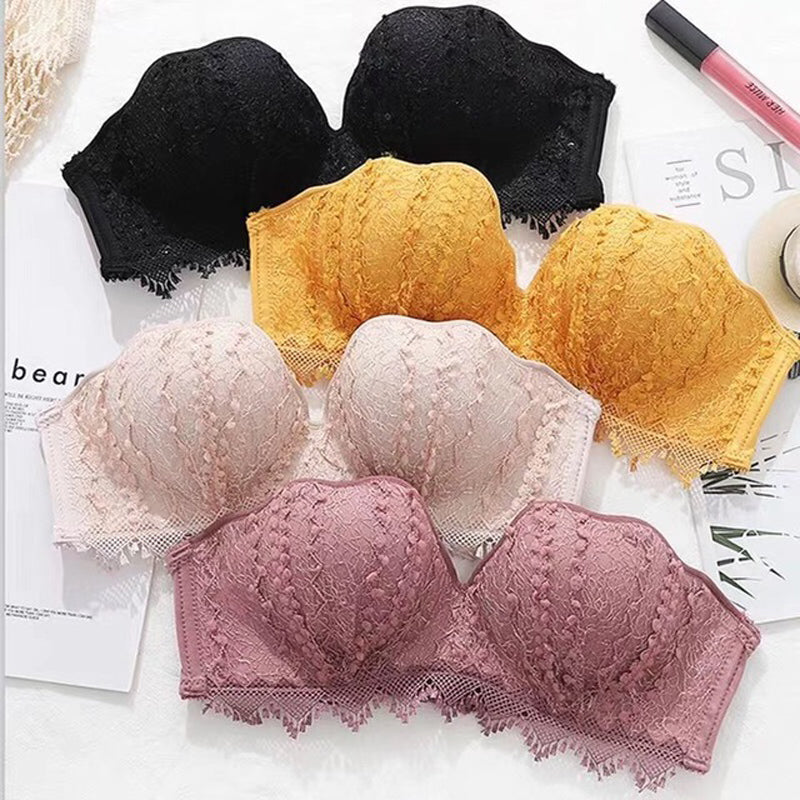 Sexy For Women Purple Yellow Lace Padded Bra Sets Push Up Invisible Wireless Bralette Cup A B Underwear Female
