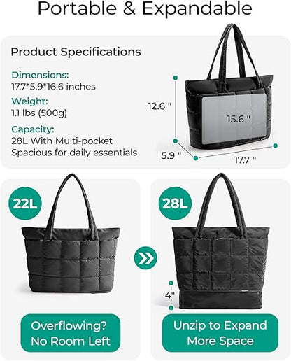 Expandable Tote Bag for Women, Puffer Work Tote Handbag, Quilted Carry On Bag for Travel Gym