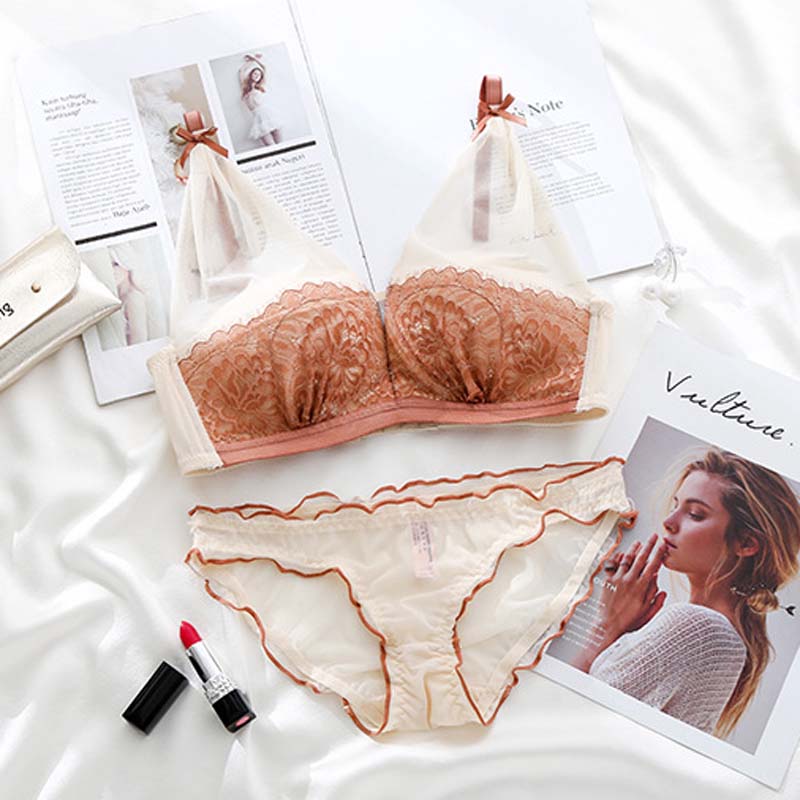 New For Women Red Black Lace Bow Mesh Sexy Lingerie Cross Straps Cotton Panties Wireless Bra Sets Underwear
