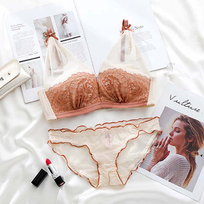 New For Women Red Black Lace Bow Mesh Sexy Lingerie Cross Straps Cotton Panties Wireless Bra Sets Underwear