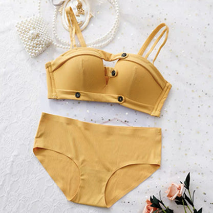 New For Women Yellow Padded Straps Half Cup Bras Cotton Panties Push Up Bra Set Sexy Lingerie Set Underwear