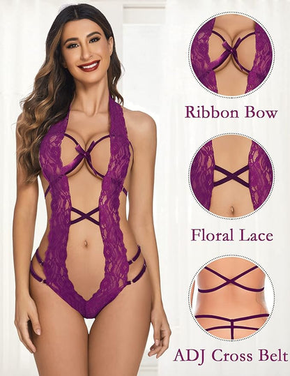 Women Deep V Halter Lingerie Teddy One Piece Bodysuit Lace Babydoll