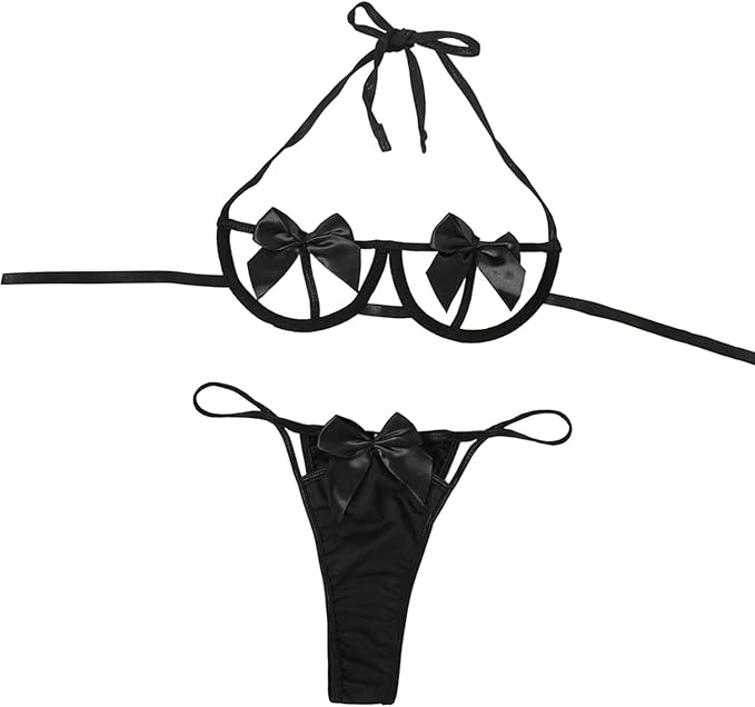 Womens Exotic Lingerie Sets, Bow Tie Hot Cute Teddy 2 Piece Lingerie Set (Black)