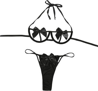 Womens Exotic Lingerie Sets, Bow Tie Hot Cute Teddy 2 Piece Lingerie Set (Black)