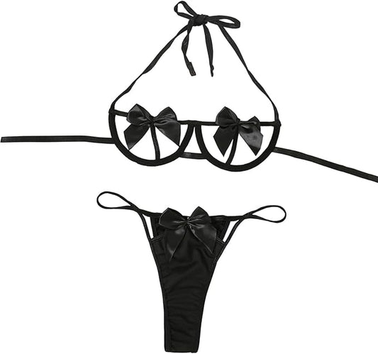 Womens Exotic Lingerie Sets, Bow Tie Hot Cute Teddy 2 Piece Lingerie Set (Black)