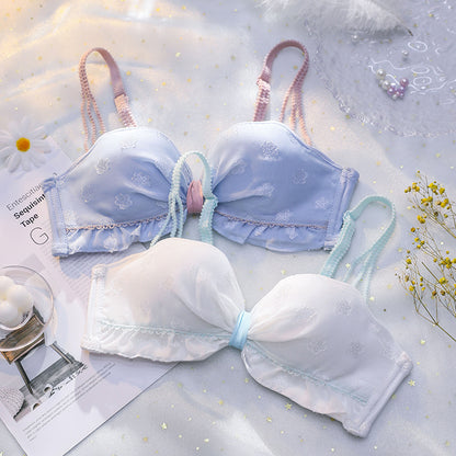 New Blue For Women Lace Bra Sets Half Cup Straps Bow Cotton Panties Push Up Underwear Sexy Lingerie Sets