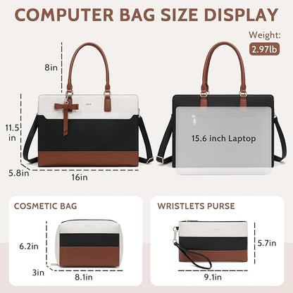 3pcs Laptop Bag for Women 15.6 Inch Leather Work Tote Bags Professional Business Office Computer Shoulder Briefcase