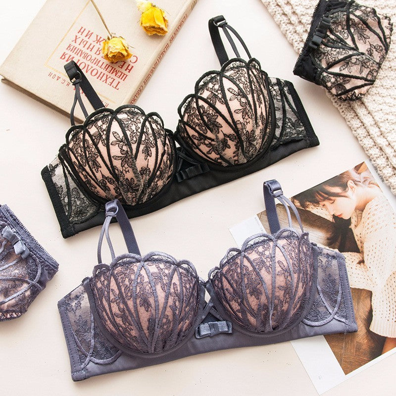 Women Red Lace Trim Mesh Padded Bras Bralette Hollow Cotton Panties Push Up Sexy Lingerie Sets Underwear