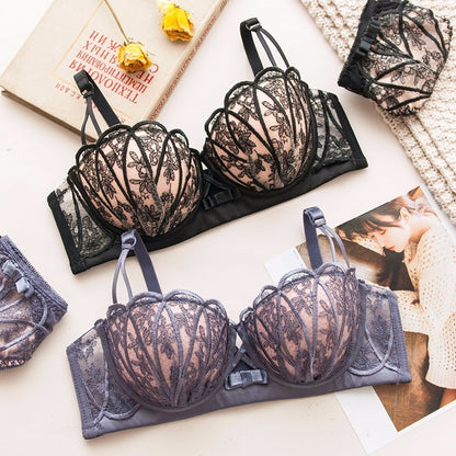 Women Red Lace Trim Mesh Padded Bras Bralette Hollow Cotton Panties Push Up Sexy Lingerie Sets Underwear