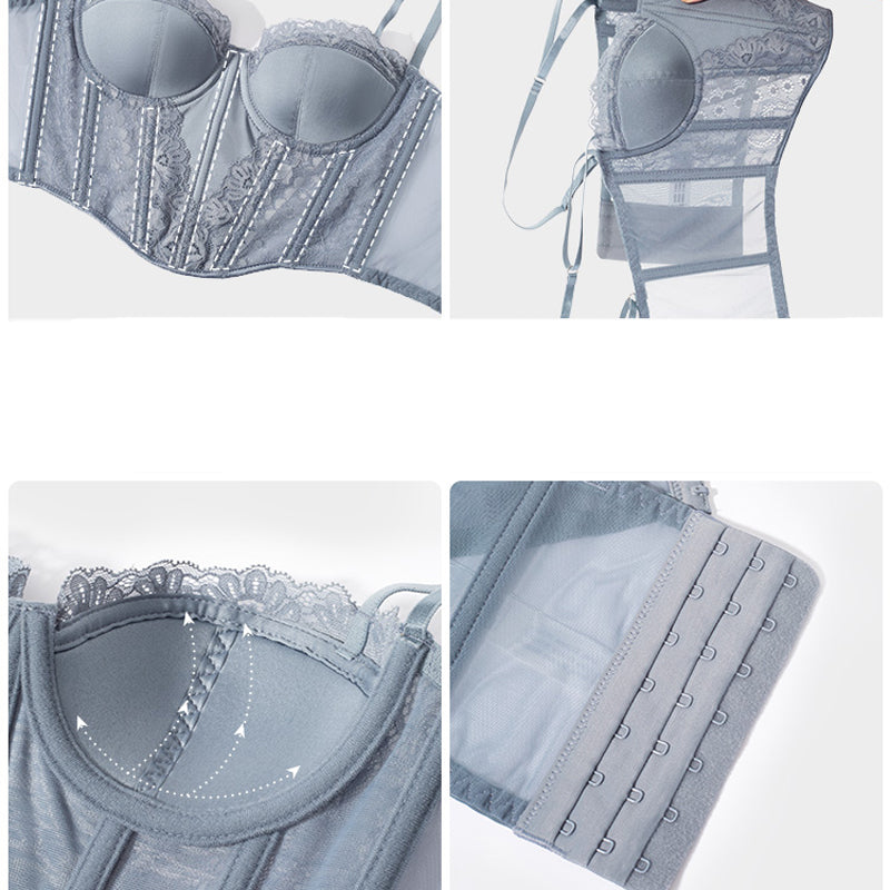 Women Lingerie Sexy Top Push Up Bra Set Lace Embroidery French Thin Cup Fish Bone Widen Body Shaper Underwear and Panties Set